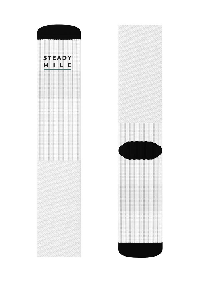 Steady Mile socks pair with dark wordmark