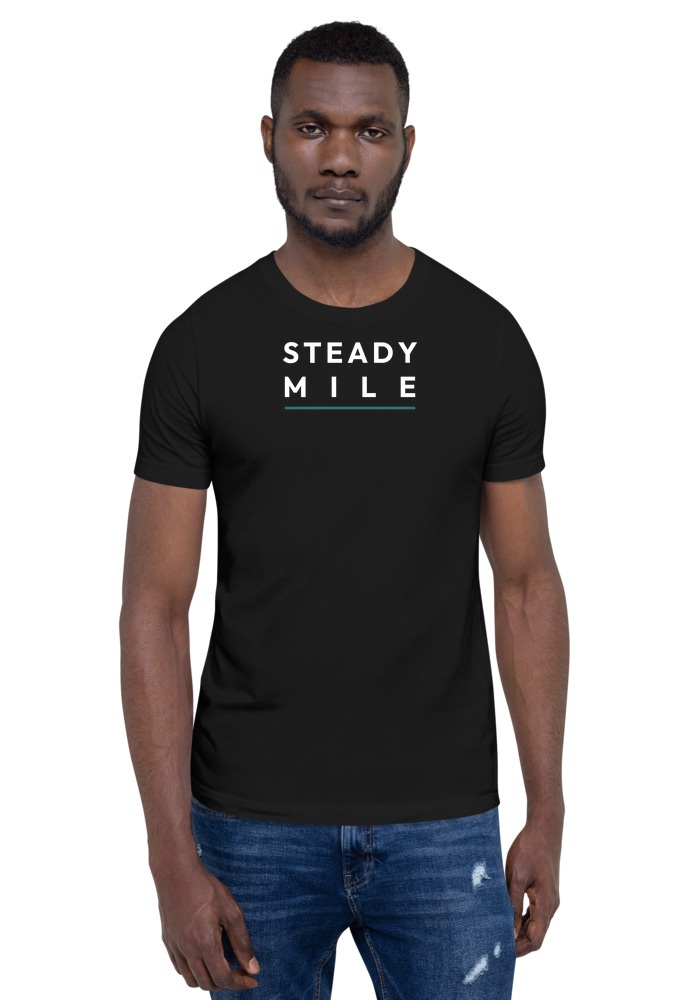 Steady Mile tee in black with light wordmark