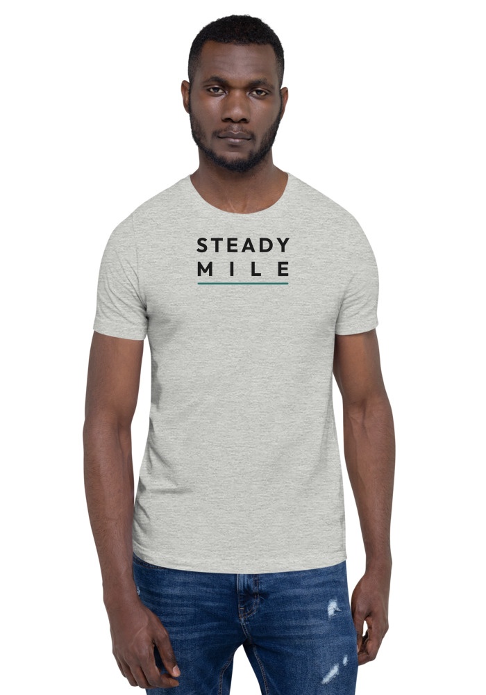 Steady Mile tee in heather with dark wordmark